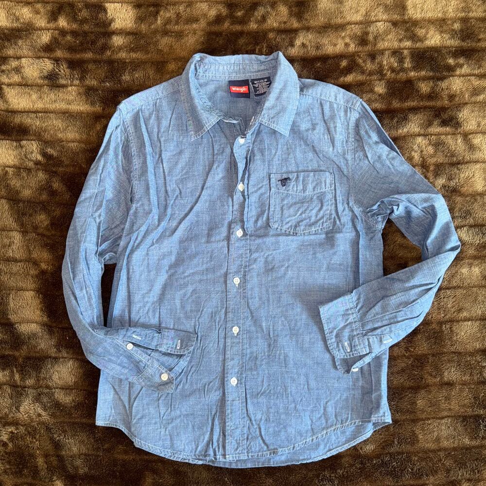 Wrangler Button Down Shirt Boys XXL‎ 18 Navy Blue Excellent Long Sleeve Chambray